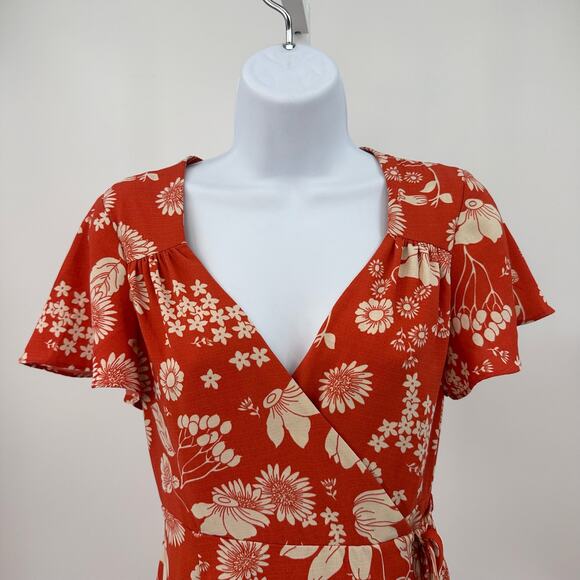 Urban Outfitters Floral Wrap Dress Hi-Low WMNS S Red Midi V-neck Short Sleeve - Picture 8 of 11